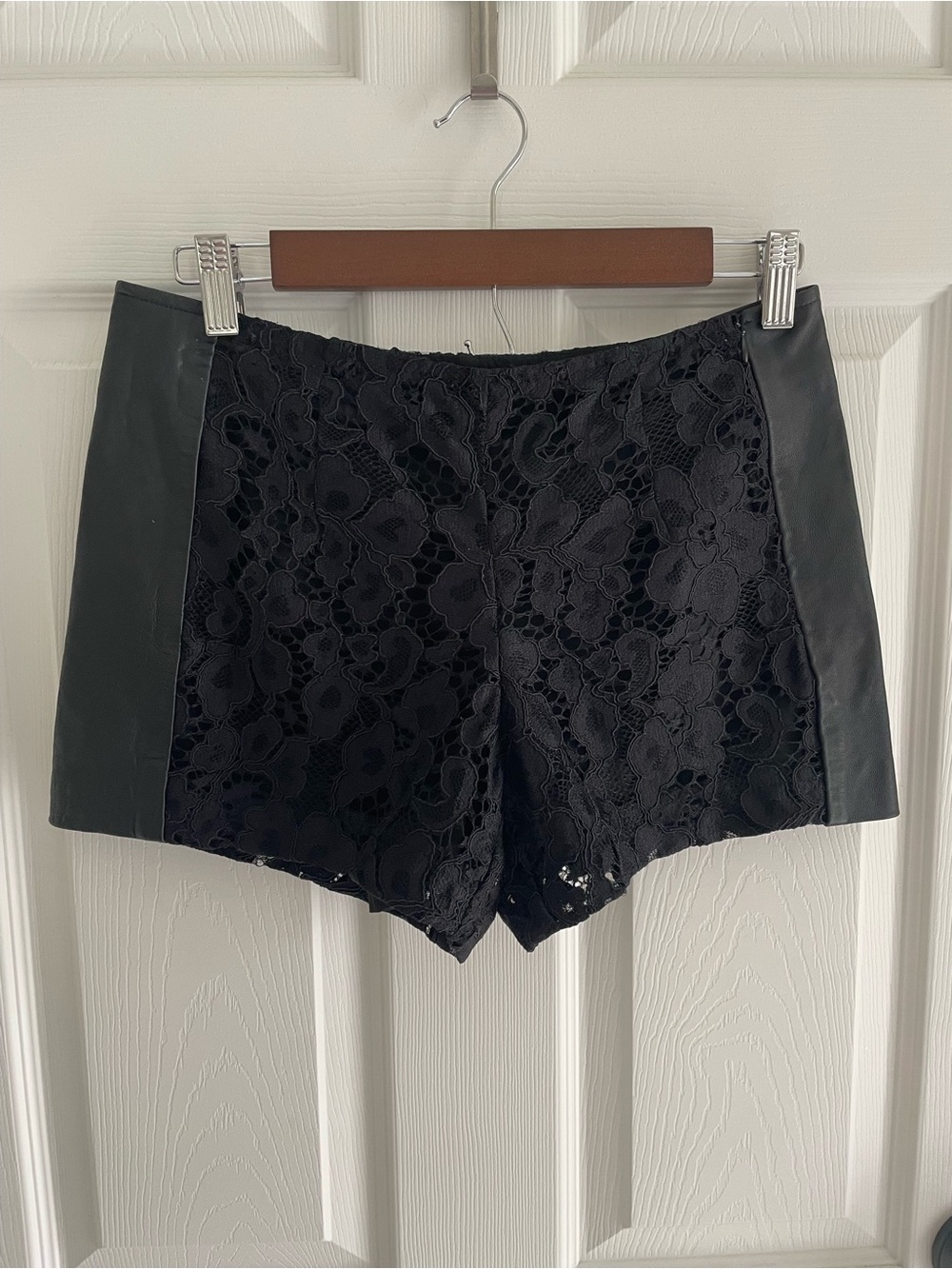 ✨ Trina Turk Black Lace & Real Leather Side Panel Mixed Media Shorts